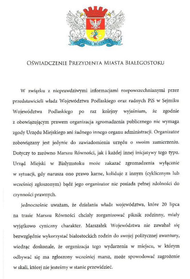Oświadczenie prezydenta Białegostoku Tadeusza Truskolaskiego dotyczące I Marszu Równości w Białymstoku
