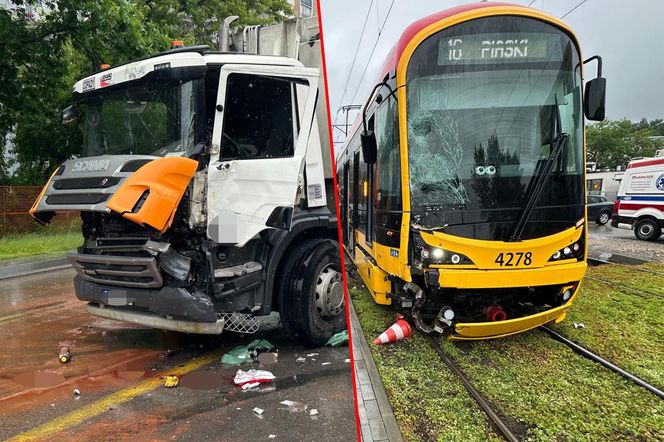 Dramatyczny wypadek w Warszawie. Młody kierowca śmieciarki wyleciał przez okno po zderzeniu z tramwajem