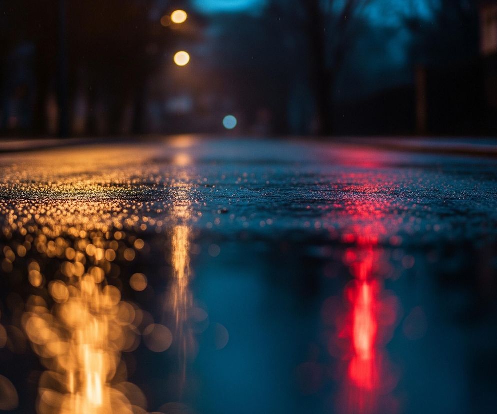 Mokra nawierzchnia drogi w centrum kadru, pokryta jest drobnymi kroplami wody, odbijającymi światła otoczenia. Dominują pomarańczowe i czerwone refleksy świateł, widoczne w lewej i prawej części drogi. W górnej części zdjęcia, w tle, widoczne są rozmyte, okrągłe źródła światła: kilka żółtych i jedno niebieskie.