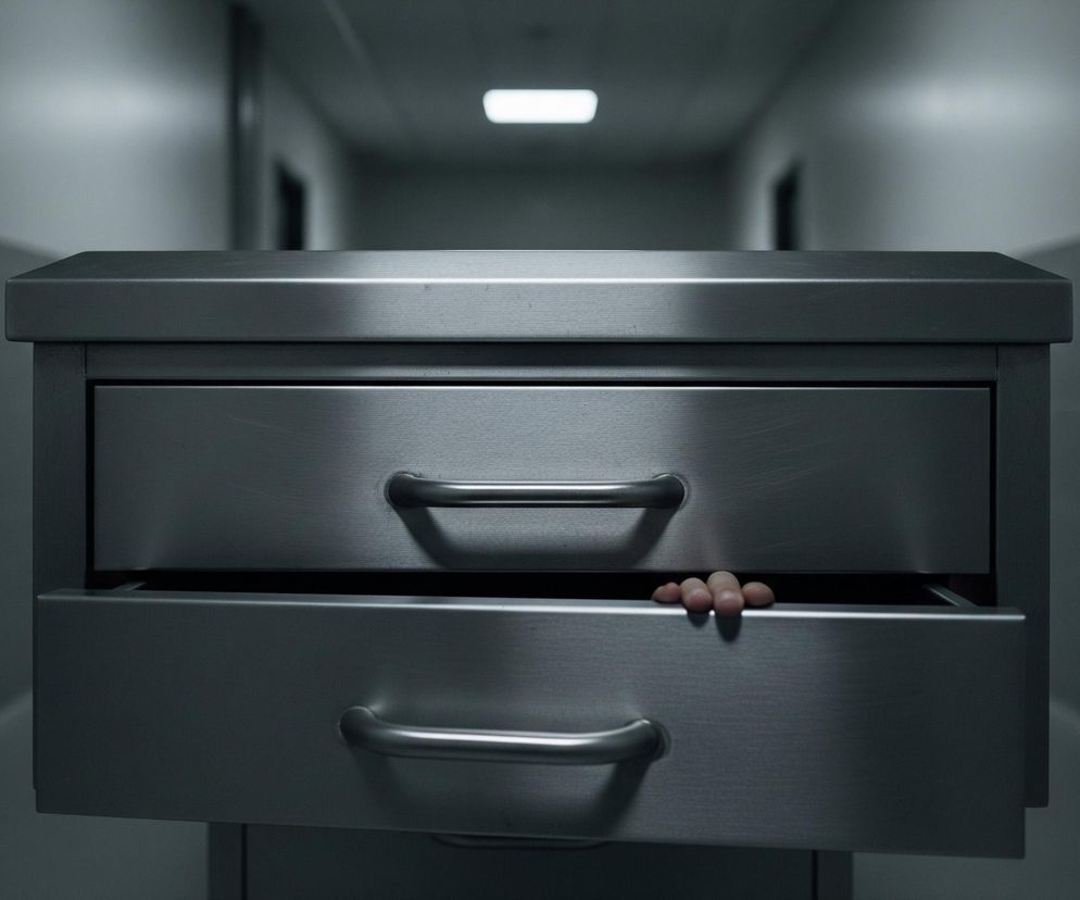 Na pierwszym planie, centralnie, stoi metalowa szafka z dwoma szufladami, o matowej, szczotkowanej powierzchni w odcieniach szarości. Górna szuflada jest zamknięta, a jej front zdobi poziomy, metalowy uchwyt; dolna szuflada jest lekko uchylona, a z jej wnętrza wystaje pięć palców ludzkiej dłoni, o jasnoróżowym odcieniu skóry. W tle rozciąga się długi korytarz, oświetlony jasnymi, prostokątnymi lampami sufitowymi, z ciemnymi drzwiami po obu stronach. Całość utrzymana jest w chłodnej palecie barw, dominują szarości i błękity, tworząc enigmatyczną atmosferę.