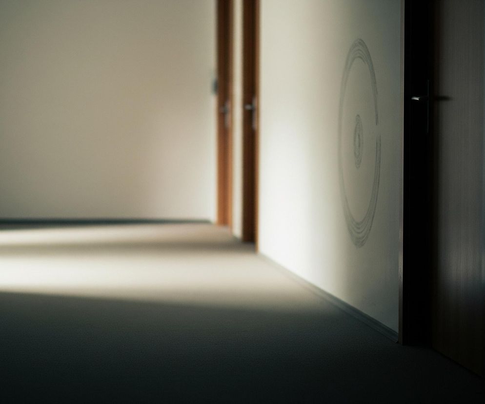Długi, wąski korytarz rozciąga się w głąb obrazu, zlewając się z nieostrym tłem. Po prawej stronie widać jasną ścianę z namalowanym koncentrycznym wzorem przypominającym spiralę, częściowo zasłoniętą przez ciemne skrzydło drzwi z klamką. Podłoga pokryta jest ciemną wykładziną, na której wyraźnie widać pas jasnego światła rozjaśniający środkową część korytarza. Po lewej stronie pionowa krawędź ściany jest jasna, natomiast dalsze framugi drzwi w głębi są wykonane z drewna.
