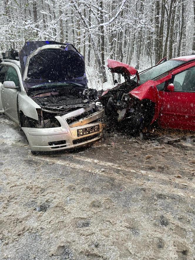 Czołowe zderzenie na DW 214 w Pałubicach. W wypadku poszkodowanych zostało pięć osób