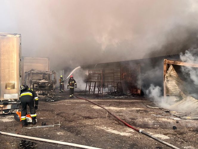 Łódź. Ogromny pożar ciężarówek i składowiska palet. Dramat na ul. Starorudzkiej [ZDJĘCIA].