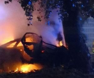 Potworny wypadek w Płocku. Wypadli z drogi, uderzyli w drzewo. Dwoje ludzi spłonęło w samochodzie	
