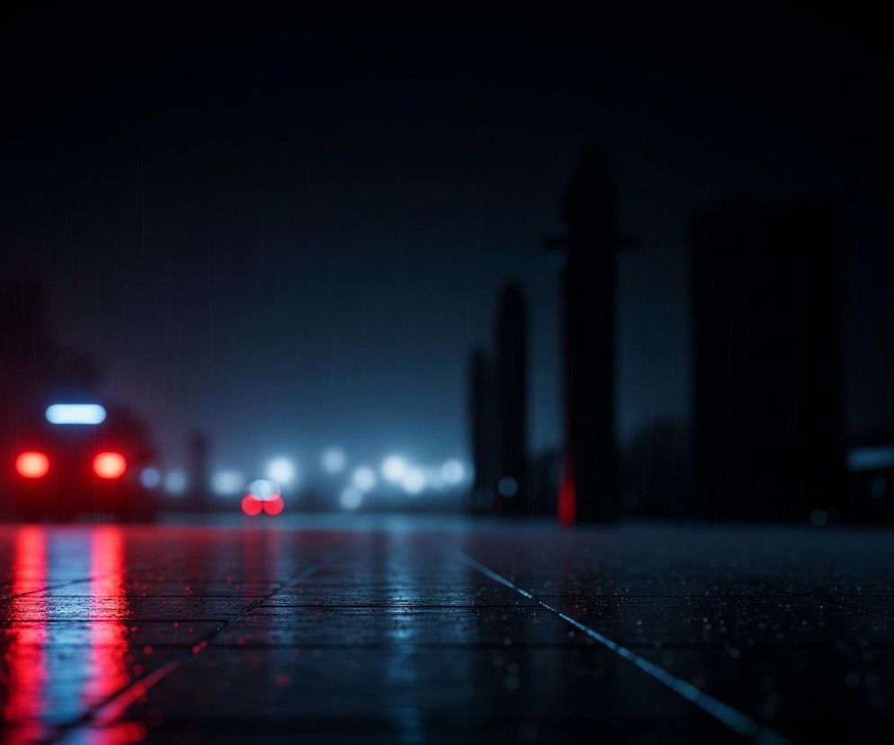 Na pierwszym planie widoczna jest mokra nawierzchnia, najprawdopodobniej asfalt lub bruk, pokryta licznymi kroplami deszczu, które odbijają intensywne światła. Z lewej strony dominują czerwone refleksy, tworzące podłużny pas na drodze, natomiast po prawej stronie widać odbicia niebieskiego światła. W oddali, w centralnej części zdjęcia, znajduje się samochód z wyraźnie widocznymi, jasnoczerwonymi światłami tylnymi oraz niebieskawym światłem stopu, a także zamazane sylwetki innych pojazdów i miejskich budowli. Całość utrzymana jest w ciemnych, nocnych barwach z dominacją czerwonych i niebieskich świateł, co tworzy atmosferę deszczowej nocy w mieście.