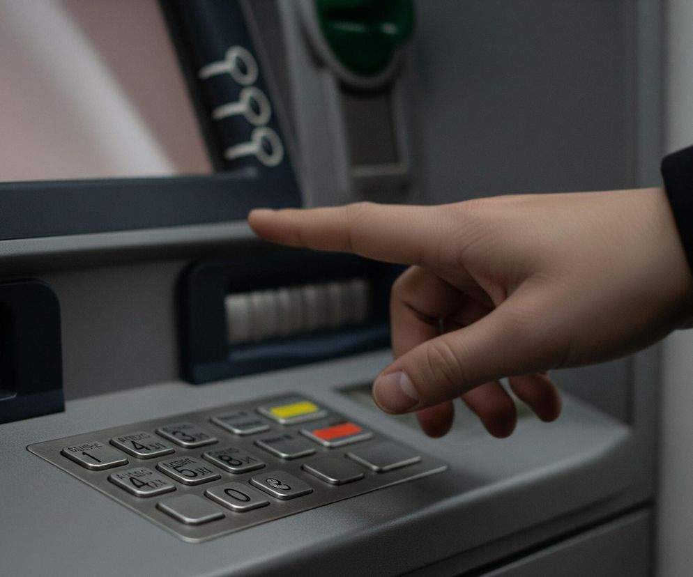 Ręka użytkownika wprowadzająca PIN na klawiaturze bankomatu, symbolizująca ryzyko związane z tradycyjnymi płatnościami kartą i skimmingiem, o czym przeczytasz więcej na portalu Super Biznes.