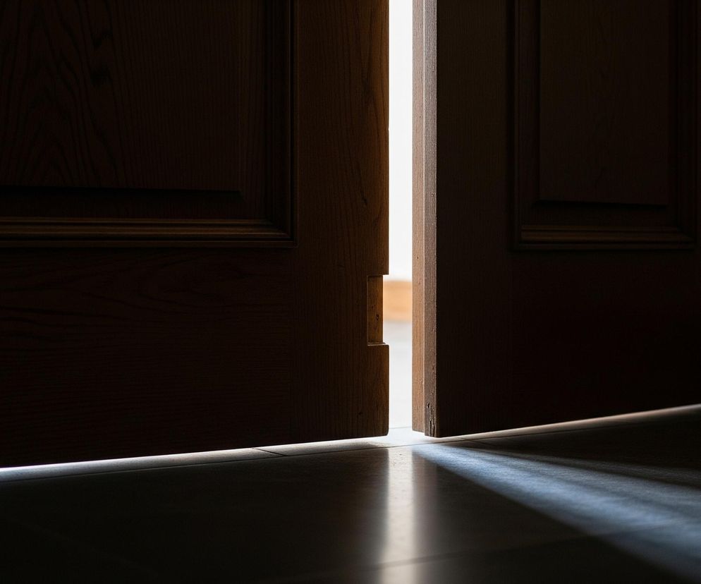 Wąska szczelina jasnego światła prześwituje przez lekko uchylone, ciemne drewniane drzwi. Światło tworzy pionową, białą linię w centralnej części kadru, rozświetlając również dolną krawędź drzwi i podłogę. Na ciemnej podłodze, złożonej z paneli lub płytek, widoczne są cienie i smugi światła, tworząc dynamiczny kontrast. Po prawej stronie kadru widoczna jest również ciemna ściana, a cała scena utrzymana jest w tonacjach brązu i szarości z akcentami jaskrawej bieli.