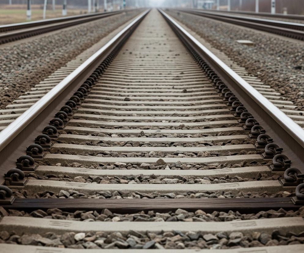 Cztery równoległe tory kolejowe, rozciągające się w dal i zbiegające się w punkcie na horyzoncie. Dominują barwy szarości i brązu, z metalicznym połyskiem szyn. Podkłady kolejowe są betonowe, a między nimi widoczne są drobne kamienie, tworzące podsypkę. Niebo jest jasne, ale mgliste, co nadaje zdjęciu delikatnie rozmyty, spokojny charakter.