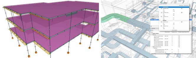 Widok modelu analitycznego konstrukcji i fragment modelu instalacji z obliczeniami prędkości przepływu i optymalizacją wielkości kanałów w programie Archicad 28