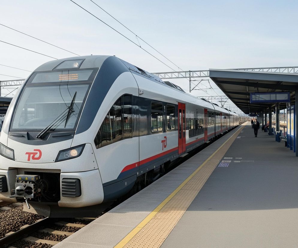 Nowoczesny pociąg stoi na torach przy peronie dworca kolejowego, skierowany do przodu w lewo. Ma aerodynamiczny kształt, białą karoserię z ciemnoszarymi elementami na dachu i wzdłuż dolnej części, a także czerwone paski biegnące przez środek oraz czerwone drzwi. Na jego przodzie widoczne jest czerwone logo przypominające literę TD. Peron, na którym stoi pociąg, jest betonowy, wyposażony w charakterystyczne, żółte, wypukłe pasy ostrzegawcze i zadaszenie wsparte na słupach. W tle widoczne są inne tory, elementy infrastruktury kolejowej, takie jak trakcja elektryczna, a także niebo o delikatnym błękitnym odcieniu.
