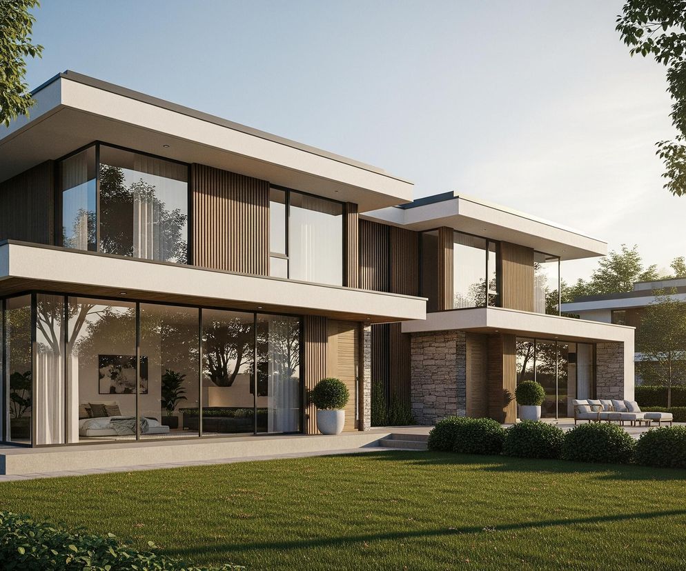 Nowoczesny dom o złożonej bryle, składający się z kilku poziomów i płaskich dachów, dominuje w centrum kadru, prezentując duże przeszklenia i elewację w odcieniach bieli, drewna oraz kamienia. Przed budynkiem rozciąga się zielony trawnik, otoczony zadbanymi krzewami, a w tle widać bujną roślinność i fragmenty innych, podobnych architektonicznie budynków. Słońce, znajdujące się po prawej stronie, oświetla scenę ciepłym, złotym światłem, tworząc długie cienie na trawie i jasne refleksy na szklanych powierzchniach.