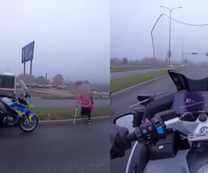 O włos od tragedii. Patrol na motocyklach przeprowadził starszą kobietę przez ulicę [WIDEO]