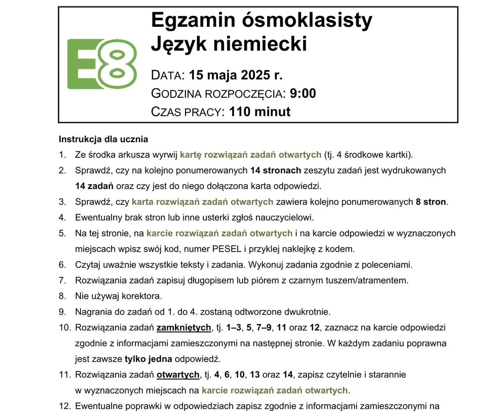 Egzamin ósmoklasisty niemiecki 2025 - arkusz CKE 15.05.2025