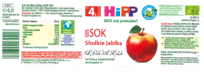 Sok HIPP 100% Słodkie Jabłka po 4 miesiącu 200 ml