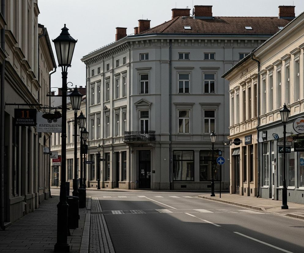 Ulica z pustą jezdnią i chodnikami, otoczona zabytkowymi budynkami, rozciąga się w głąb obrazu. Po lewej stronie widać szereg kamienic z ciemnymi oknami i tablicami reklamowymi, w tym czarną z numerem 11. Po prawej stronie znajdują się budynki o jasnych fasadach, z widocznymi witrynami sklepów, niektóre w odcieniach beżu i szarości. Centralny punkt zajmuje duży, szary budynek o zakrzywionej fasadzie z licznymi oknami i balkonem na pierwszym piętrze, zwieńczony brązowym dachem z kominami. Kilka czarnych latarni ulicznych o ozdobnych kloszach stoi wzdłuż chodników, rzucając długie cienie na jezdnię i budynki w popołudniowym świetle.