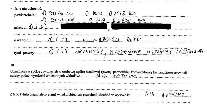 Fragment oświadczenia majątkowego