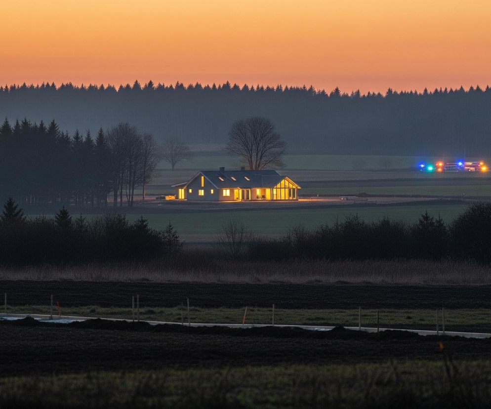 Centralnym punktem obrazu jest nowoczesny dom z jasno oświetlonymi wnętrzami, rozjaśniającymi jego elewację i duże okna, położony na tle rozległych, zielono-brązowych pól i ciemnego lasu iglastego na horyzoncie. Na tle zachodzącego słońca, tworzącego pomarańczowo-żółte niebo, w oddali po prawej stronie widać migające niebieskie i pomarańczowe światła pojazdu. Pierwszy plan to ciemne, zaorane pola z fragmentami trawiastego gruntu oraz widocznymi słupkami wyznaczającymi kontur czegoś, co wygląda na nową drogę lub ścieżkę.