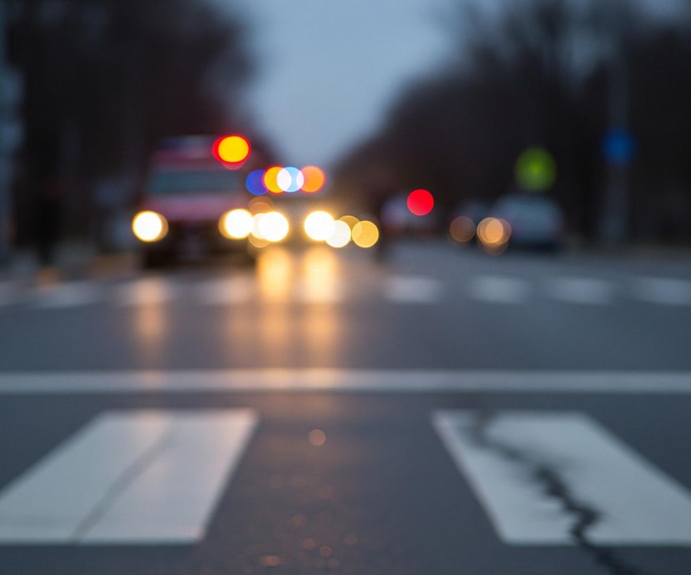 Na pierwszym planie widoczna jest zebra z biało-szarymi pasami, biegnąca w poprzek ciemnej jezdni. W tle, rozmyte światła samochodów tworzą barwne kręgi, głównie żółte, pomarańczowe i czerwone, sugerujące ruch uliczny o zmierzchu lub w nocy. Po lewej stronie widać nieco wyraźniejsze czerwono-niebieskie światła, sugerujące pojazd uprzywilejowany.