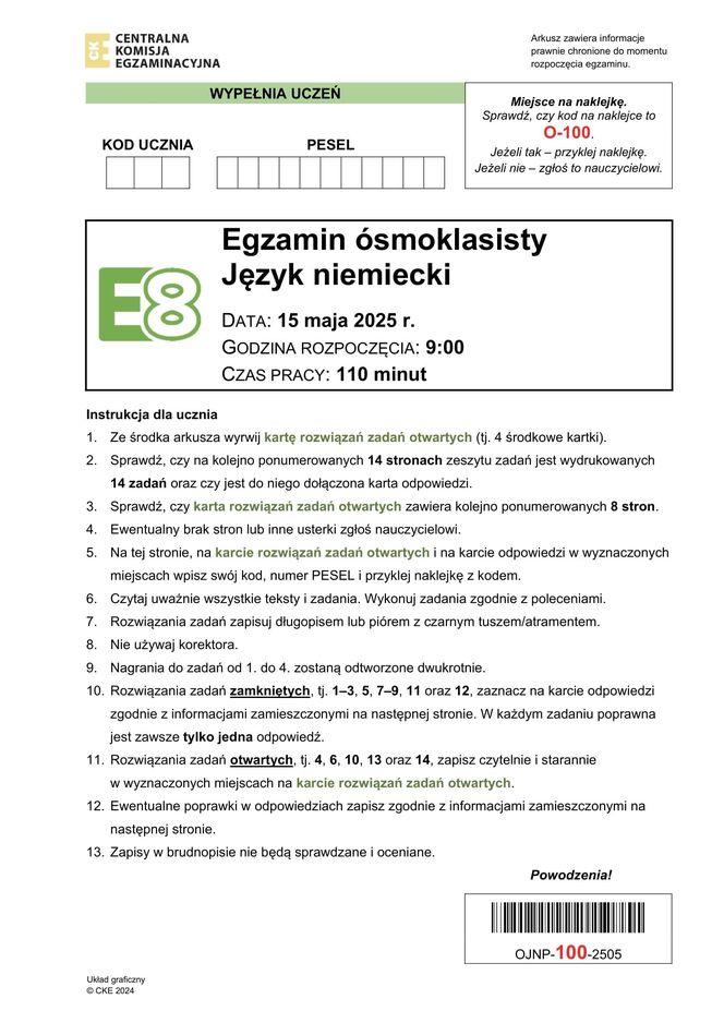 Egzamin ósmoklasisty niemiecki 2025 - arkusz CKE 15.05.2025