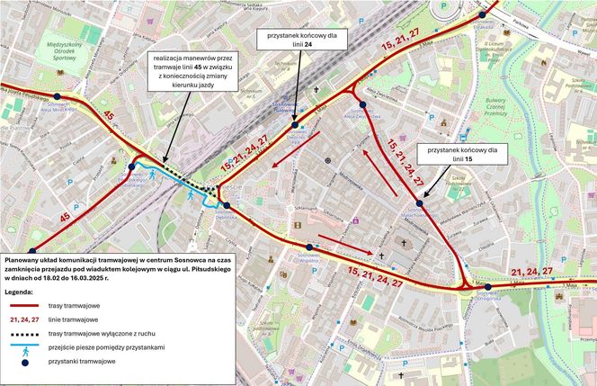 Zmiana organizacji ruchu komunikacji miejskiej w Sosnowcu - mapa