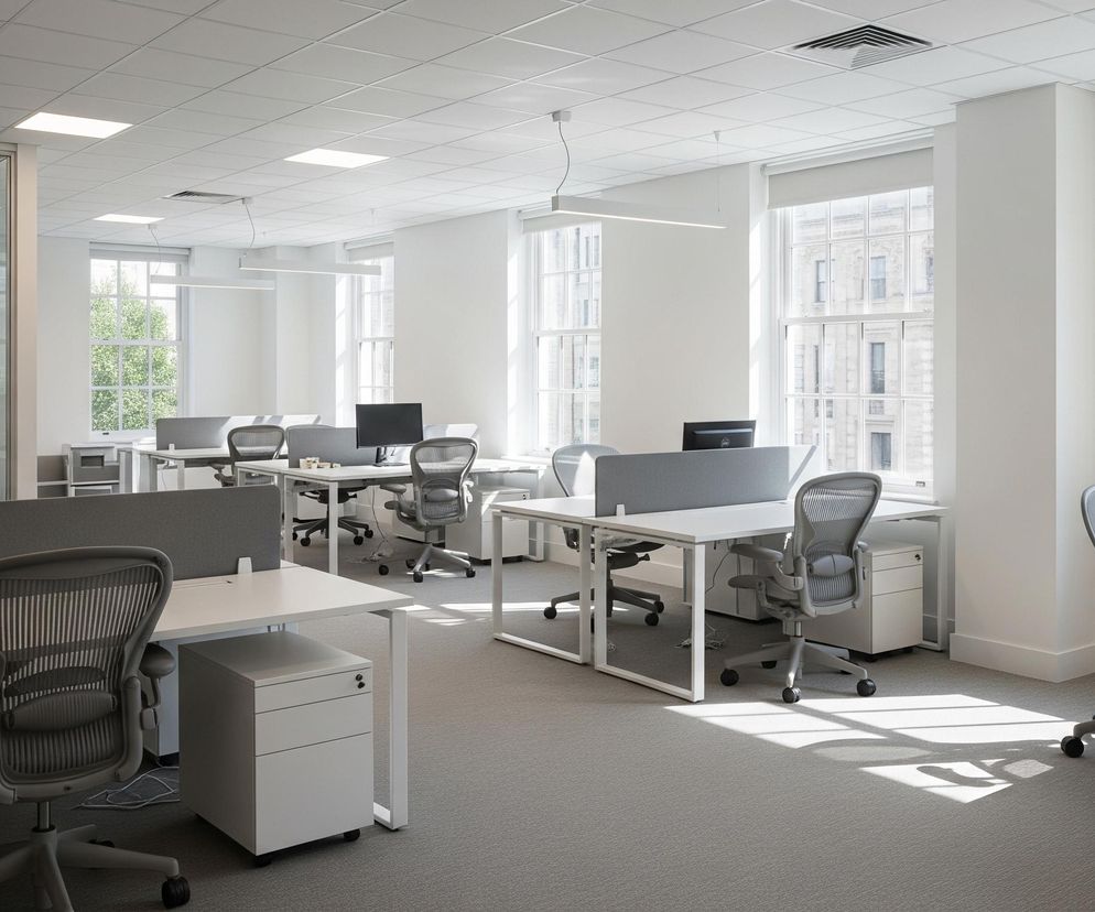 Przestronne, jasne biuro typu open space jest wypełnione rzędami białych biurek i szarych ergonomicznych krzeseł obrotowych. Sufit ma widoczne kwadratowe panele i kilka prostokątnych opraw oświetleniowych, które emitują białe światło. Dwie ściany są białe, z dużymi oknami, przez które wpada naturalne światło i widać budynki oraz drzewa na zewnątrz. Na podłodze leży szara wykładzina, a w niektórych miejscach widać padające z okien słońce tworzące wyraźne cienie.