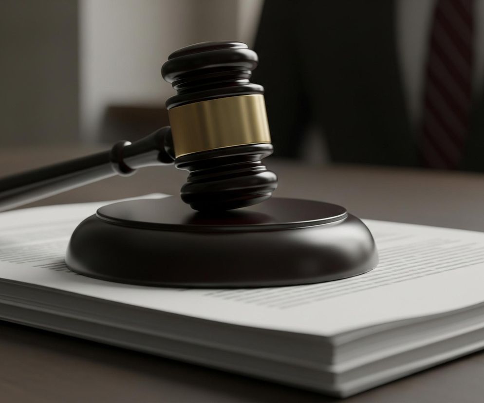 Na pierwszym planie, centralnie, leży ciemnobrązowy młotek sędziego z elementem w kolorze złotym na rękojeści, oparty o okrągłą, płaską podstawkę tego samego koloru. Pod młotkiem znajduje się stos białych kartek papieru, z widocznym tekstem w postaci szarych linii na wierzchu, wszystko to spoczywa na ciemnobrązowym, drewnianym stole. W tle, częściowo widoczna jest postać ubrana w ciemną marynarkę i krawat w czerwono-białe paski, a dalej znajduje się niewyraźne, jasnoszare tło.