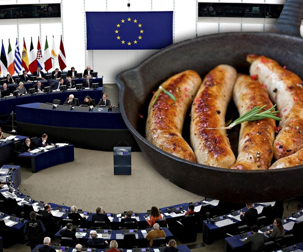 Parlament Europejski na tle flag państw członkowskich i Unii Europejskiej z patelnią wegańskich kiełbas na pierwszym planie, co symbolizuje zakaz używania mięsnych nazw dla roślinnych produktów, o czym przeczytasz na Super Biznes.
