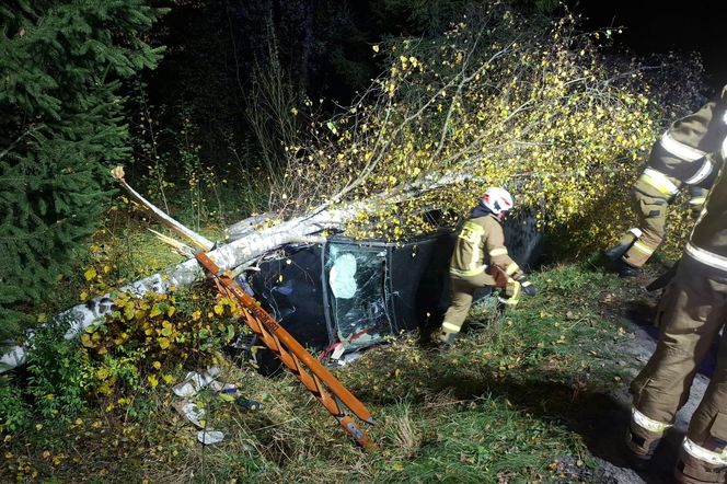 Auto wbiło się w przydrożne drzewo. Strażacy wycinali szybę piłą szablastą 