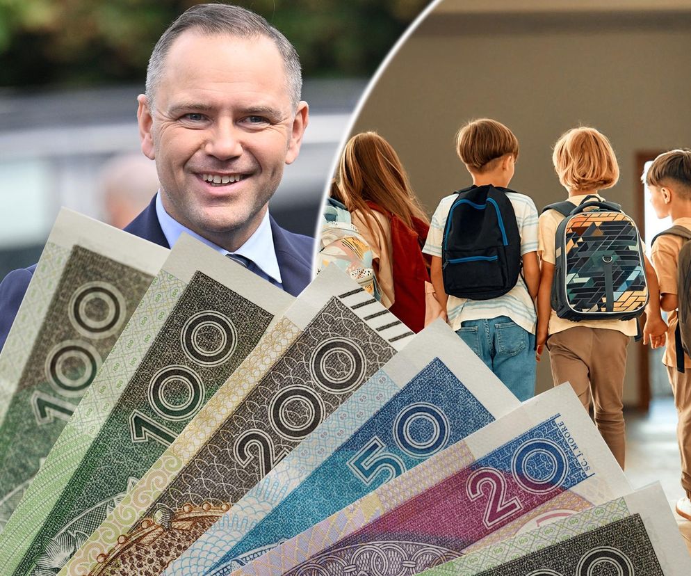 Uśmiechnięty Karol Nawrocki, prezes Instytutu Pamięci Narodowej, na tle rozłożonych banknotów złotowych i grupy dzieci z plecakami idących korytarzem. Artykuł Super Biznes przedstawia obywatelski projekt wsparcia finansowego dla matek.