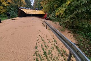 Przewrócona ciężarówka ze zbożem