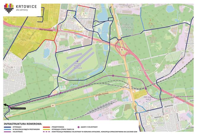 Poglądowa mapa infrastruktury rowerowej Brynów-Giszowiec