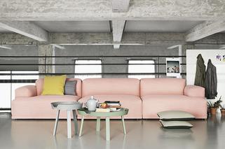 Różowa sofa w industrialnym skandynawskim wnętrzu.
