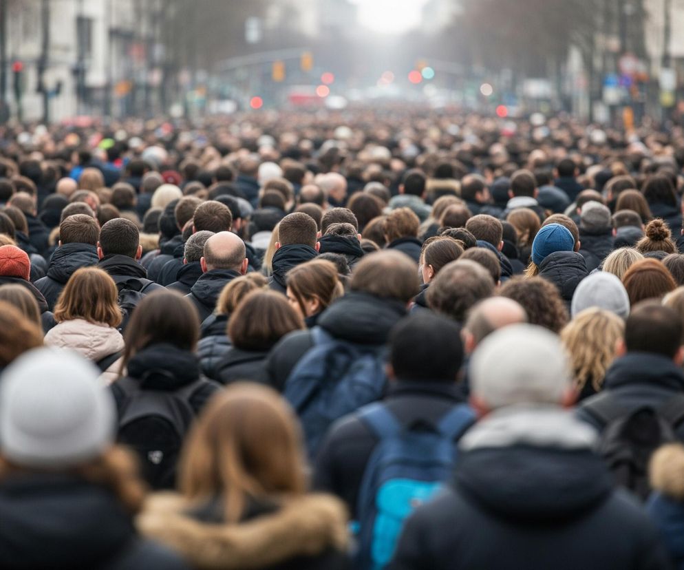 Duży tłum ludzi wypełnia szeroką ulicę, patrząc w stronę odległego, zamglonego końca. Większość osób ubrana jest w ciemne kurtki zimowe, a jedynie sporadycznie widać jaśniejsze akcenty kolorystyczne, takie jak czerwona czapka czy niebieski plecak. W oddali, po obu stronach ulicy, dostrzegalne są rozmyte budynki i drzewa, a także światła sygnalizacji świetlnej. Perspektywa z tyłu tłumu sprawia, że widać głównie głowy i plecy idących ludzi.