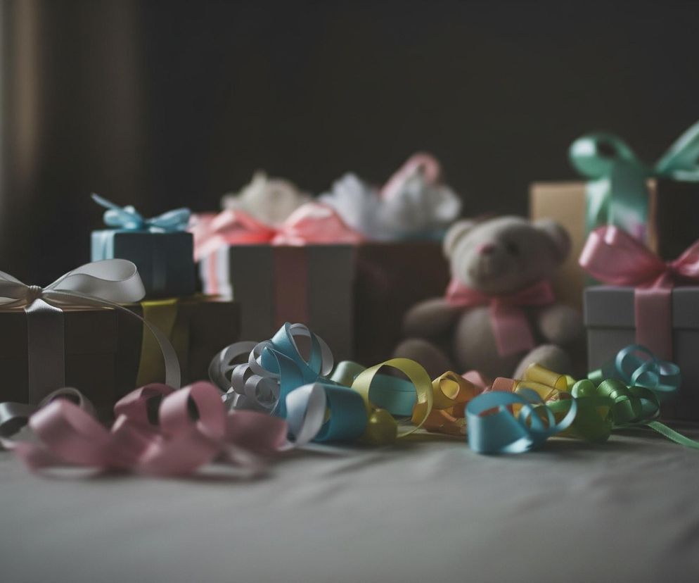 Na pierwszym planie, w centrum, leżą różnokolorowe, zwinięte wstążki w odcieniach różu, błękitu, żółci i zieleni. Za nimi, po lewej stronie, stoi pudełko prezentowe w kolorze brązowym, przewiązane jasnoszarą wstążką z kokardą. W tle rozmieszczono kilka kolejnych rozmytych pudełek prezentowych, niektóre ozdobione kokardami w różnych kolorach, oraz pluszowego misia z różową kokardą na szyi. Całość kompozycji spoczywa na jasnej, tekstylnej powierzchni, a tło jest ciemne i rozmyte, z widocznym po lewej stronie jasnym pasem, prawdopodobnie światłem wpadającym z okna.