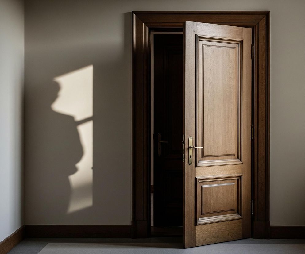 W centrum kadru znajduje się częściowo otwarte drewniane drzwi o jasnobrązowej barwie, z ozdobnymi panelami i mosiężną klamką. Drzwi te osadzone są w ciemnobrązowej, masywnej ościeżnicy, która kontrastuje z jasnoszarymi ścianami pomieszczenia. Na lewej ścianie, w górnej części, widoczny jest wyraźny cień padający z niezidentyfikowanego źródła światła, tworzący nieregularny kształt z ostrymi krawędziami. Podłoga pokryta jest jasnoszarym dywanem lub wykładziną, a w prawym dolnym rogu widoczny jest fragment parapetu lub półki.