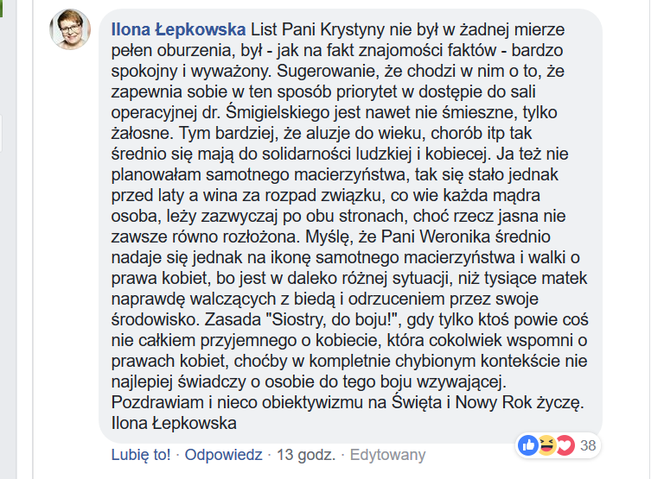 Ilona Łepkowska komentuje wpis Magdaleny Środy