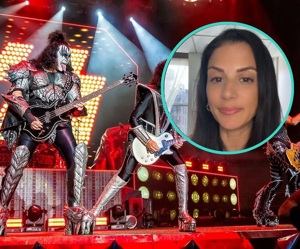 Wokalista zespołu KISS, Gene Simmons, w stroju scenicznym z basem na koncercie, obok psycholog klinicznej dr Nicole Andreoli. Scena oświetlona, z elementami scenografii w tle. O tym, jak heavy metal redukuje stres, przeczytasz na Poradnik Zdrowie.