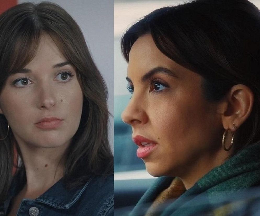 Dwie młode kobiety, Ania (Alina Szczegielniak) z długimi brązowymi włosami i kolczykami kołami oraz Aneta (Ilona Janyst) z ciemnym kokiem i makijażem, z powagą patrzą w bok. Odcinek M jak miłość 1884 to ostra kłótnia Anety z Anią przed ślubem Kamy i Marcina. Więcej na Super Seriale.