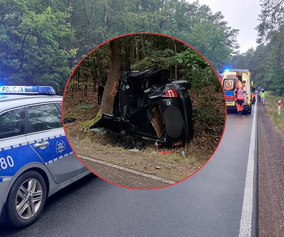 Koszmarny wypadek w Białobrzegach. Auto dachowało i wbiło się w drzewo. Wiele osób rannych