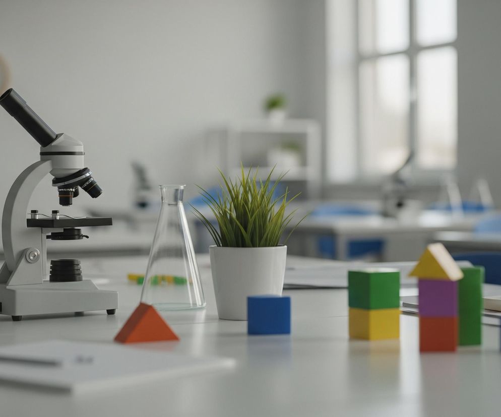 Na pierwszym planie, z lewej strony, znajduje się biały mikroskop laboratoryjny z czarnymi elementami, ustawiony na jasnym blacie stołu. Obok niego w centralnej części blatu stoi szklana kolba stożkowa i biała doniczka z zieloną rośliną. Po prawej stronie leżą kolorowe, drewniane klocki: jeden niebieski sześcian, dwa ułożone jeden na drugim tworzące zielono-żółtą wieżę, oraz konstrukcja przypominająca domek złożona z pomarańczowego, fioletowego, zielonego i żółtego klocka. W tle widać fragmenty klasy lub laboratorium, z rozmazanymi sylwetkami krzeseł z niebieskimi oparciami i okna.