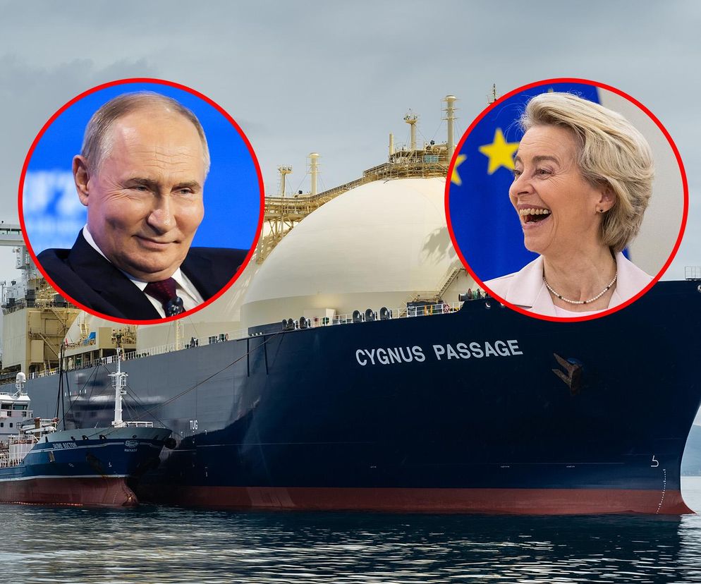 Putin i von der Leyen na tle statku z LNG