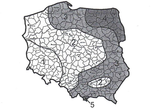 Podział Polski na strefy obciążenia śniegiem gruntu wg PN-EN 1991-1-3