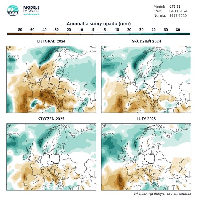 Anomalia opadów zima 2024-2025