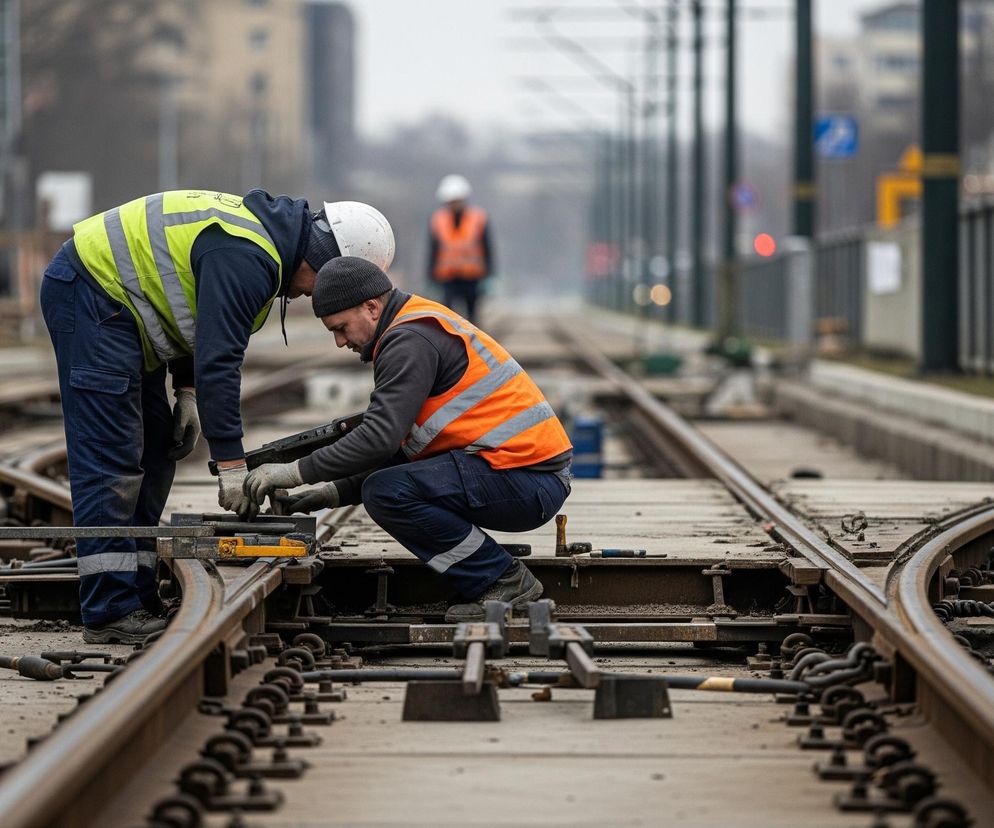 Dwóch mężczyzn w odblaskowych kamizelkach i ubraniach roboczych pracuje przy torach tramwajowych, skupiając się na rozjeździe. Jeden mężczyzna, w białym kasku i żółtej kamizelce, pochyla się nad drugim, który kuca w pomarańczowej kamizelce i czarnej czapce, manipulując narzędziami przy metalowych elementach torowiska. W tle widoczny jest niewyraźny pejzaż miejski z budynkami, słupami trakcyjnymi i trzecim pracownikiem w pomarańczowej kamizelce.