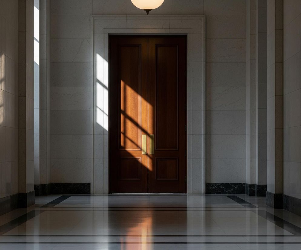 Korytarz oświetlony naturalnym światłem z geometrycznym wzorem na podłodze. Na końcu korytarza znajduje się wysokie, brązowe, drewniane drzwi z dwoma prostokątnymi panelami i złotą klamką, otoczone jasnym kamiennym obramowaniem. Promienie słońca padają ukośnie z lewej strony, tworząc jasne plamy światła na lewej ścianie, części drzwi i na błyszczącej podłodze, odbijając się w postaci pomarańczowych refleksów. Ściany wykonane są z dużych, jasnych, marmurowych paneli, a dolna część ścian ma ciemne marmurowe cokoły. Sufit jest ciemny, a u góry centralnie umieszczona jest pojedyncza, biała, kulista lampa.