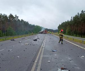 Śmiertelny wypadek pod Bełchatowem. Kierowca osobówki nie żyje, ciężarówka spłonęła [ZDJĘCIA].