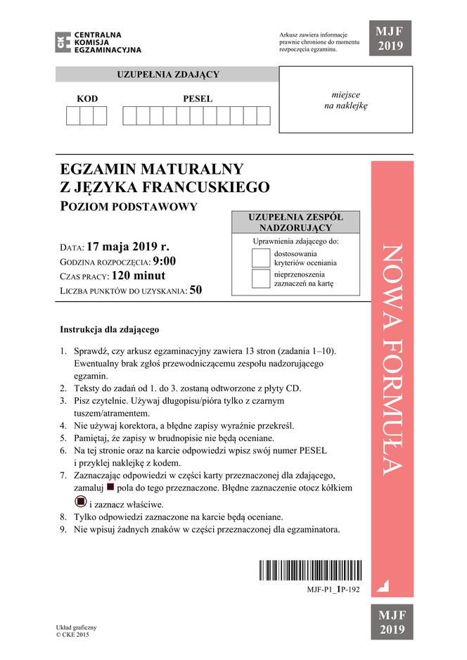 ARKUSZE CKE - Matura francuski - poziom podstawowy 2019