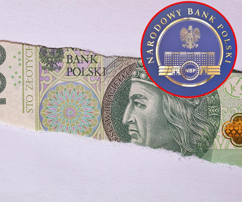 Porwany banknot w kółku NBP logo
