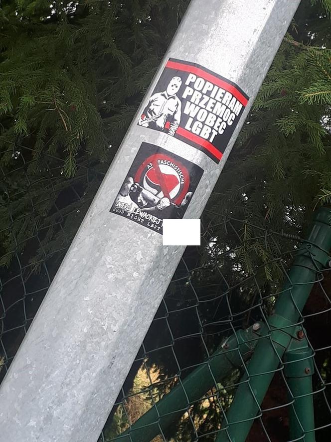 Homofobiczne naklejki i plakaty oraz nazistowskie znaki w Dąbczu