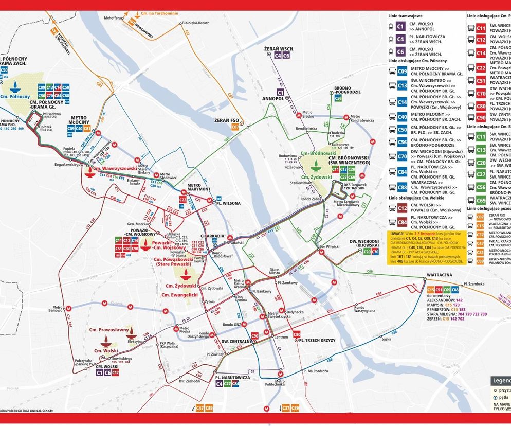 Mapa połączeń autobusowych do cmentarzy